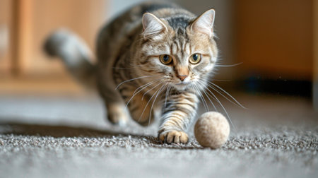 A plump cat chasing after a rolling ball, its body in motion and focused on the fun, on a soft carpet.の素材