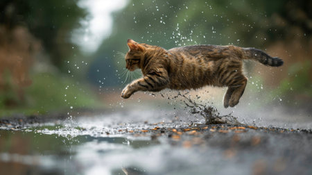 A plump cat playfully jumping into a puddle, creating splashes and showing its adventurous side.の素材