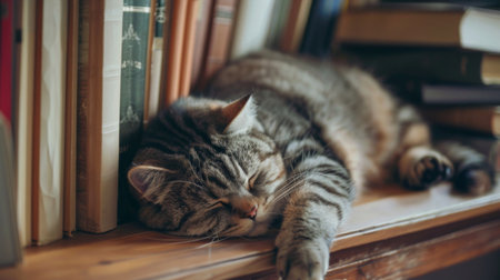 A fat cat sleeping next to a stack of books on a shelf, its head resting on one of the books and looking adorable.の素材