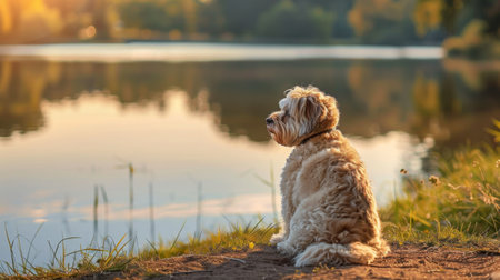 A fluffy dog sitting by a lake, looking out at the water with a serene expression, capturing a moment of tranquilityの素材