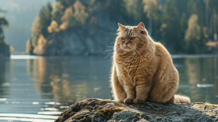 A fat cat sitting on a rock by a lake, its fur slightly damp and enjoying the natural surroundings.の素材