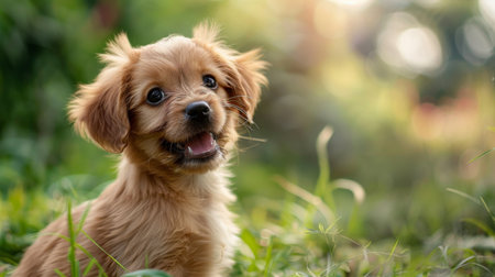 A cute puppy sitting in a grassy field, looking up with big, round eyes and a playful expression, capturing a moment of pure joy.の素材