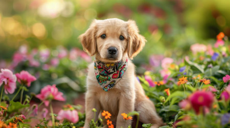 A cute puppy wearing a small, colorful bandana, sitting proudly in a garden surrounded by blooming flowers.の素材