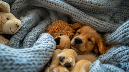 A fluffy puppy cuddling up to a stuffed animal, both nestled in a cozy bed of blankets, looking peaceful and happy.の素材