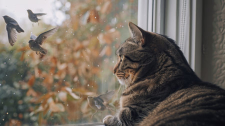 A large cat resting on a window perch, watching birds outside with keen interest, capturing a moment of quiet observation.の素材