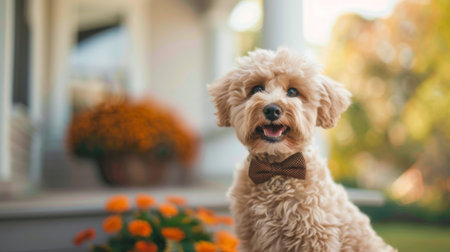 A fluffy puppy with a big bow tie, sitting on a porch with a joyful expression, ready to greet anyone who approaches.の素材