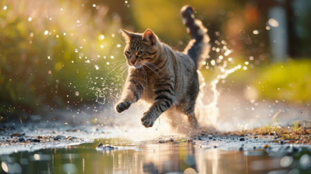 A plump cat playfully jumping into a puddle, creating splashes and showing its adventurous side.の素材