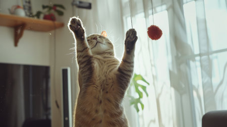 A plump cat batting at a dangling string toy, with its paws in mid-air and a joyful expression, in a modern apartment.の素材