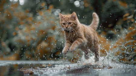 A plump cat playfully jumping into a puddle, creating splashes and showing its adventurous side.の素材