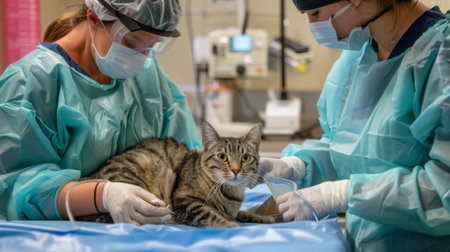 A vet tech assisting a veterinarian in preparing a cat for surgery, with both professionals focused and the cat looking calm.の素材