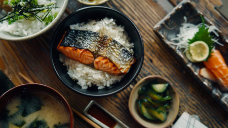 A traditional Japanese breakfast set featuring grilled fish, steamed rice, miso soup, pickles, and a side of nori seaweed.の素材
