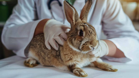 A vet gently palpating a rabbit's abdomen, with the rabbit lying comfortably on the table and the vet explaining the process.の素材