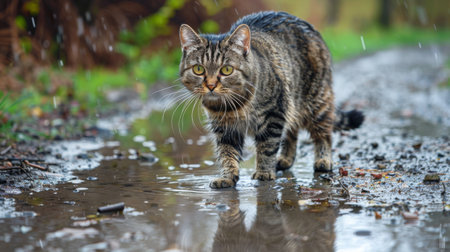 An adorable chubby cat standing in a puddle on a rainy day, its fur slightly wet and looking curiously at the water.の素材