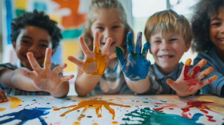 Kids painting their hands and making handprint art on a big poster, laughing and having a great time togetherの素材