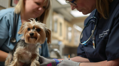 A vet tech and veterinarian working together to give a small dog a vaccination, with the dog being comforted by the tech.の素材