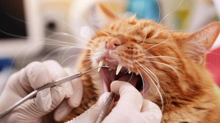 A veterinarian performing a dental check on a cat, with mouth gently opened and the vet using specialized tools.の素材