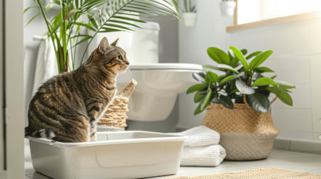 An overweight cat calmly using a litter box, with a basket of towels and a potted plant nearby, in a spacious bathroom.の素材