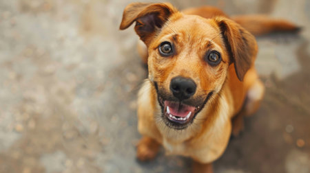 An adorable dog with floppy ears and a wagging tail, sitting obediently and looking up at the camera with a happy smile.の素材