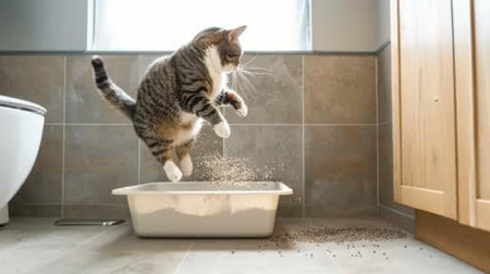 An overweight cat jumping into a litter box, with litter flying slightly, in a cozy and clean bathroom corner.の素材