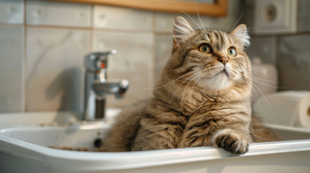 An overweight cat scratching at the litter in its box, preparing a spot, with a bathroom sink and mirror in the background.の素材