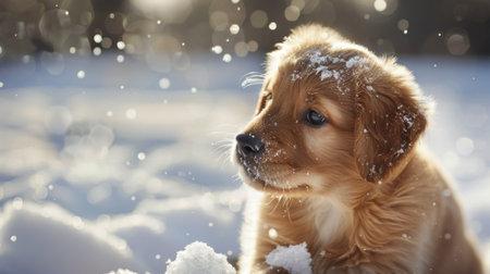 An adorable puppy playing in the snow, its fur dusted with snowflakes and its eyes sparkling with delight.の素材
