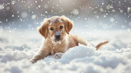 An adorable puppy playing in the snow, its fur dusted with snowflakes and its eyes sparkling with delight.の素材