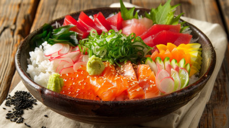 Vibrant chirashi sushi, featuring a colorful assortment of fresh sashimi atop a bed of sushi rice, garnished with tobiko and shiso leaves.の素材