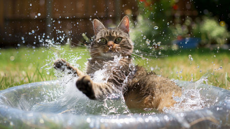 An overweight cat playfully splashing in a small kiddie pool in a backyard, enjoying a sunny day and looking happy.の素材