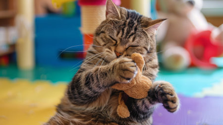 An overweight cat playfully wrestling with a stuffed animal, its paws wrapped around the toy, in a colorful playroom.の素材