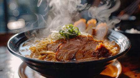 Traditional Japanese ramen served in a steaming bowl, with flavorful broth, tender noodles, and slices of succulent chashu pork.の素材