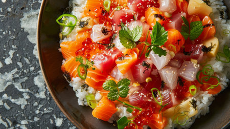 Vibrant chirashi sushi, featuring a colorful assortment of fresh sashimi atop a bed of sushi rice, garnished with tobiko and shiso leaves.の素材