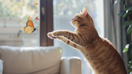 An overweight cat jumping to catch a fluttering butterfly toy, its body mid-air and full of excitement, in a stylish home.の素材