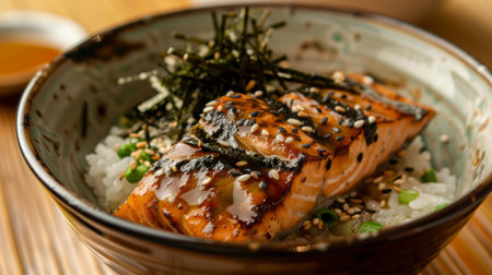 A warm bowl of comforting ochazuke, featuring rice soaked in green tea and topped with savory grilled salmon, nori, and sesame seeds.の素材