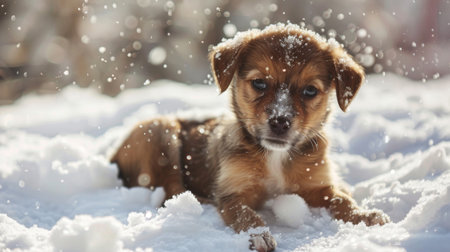 An adorable puppy playing in the snow, its fur dusted with snowflakes and its eyes sparkling with delight.の素材