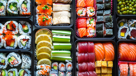 Colorful bento boxes filled with an assortment of sushi, sashimi, pickles, and tamagoyaki, showcasing a variety of flavors and textures.の素材