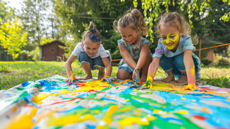 Children happily painting a colorful mural on a large canvas, their faces smeared with paint and smiles, in a sunny backyard.の素材