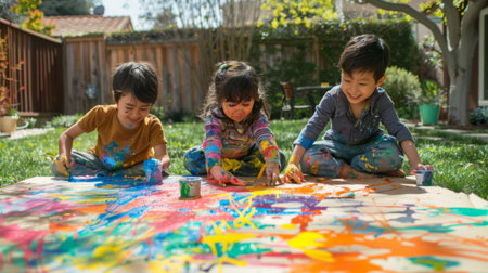 Children happily painting a colorful mural on a large canvas, their faces smeared with paint and smiles, in a sunny backyard.の素材