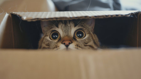 An adorable chubby cat peeking out from a cardboard box, its eyes wide with curiosity and mischief.の素材