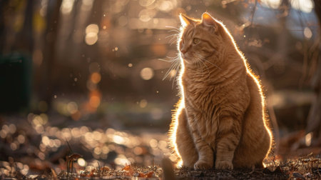 An overweight cat sitting in a patch of sunlight, its fur illuminated and creating a warm, inviting scene.の素材