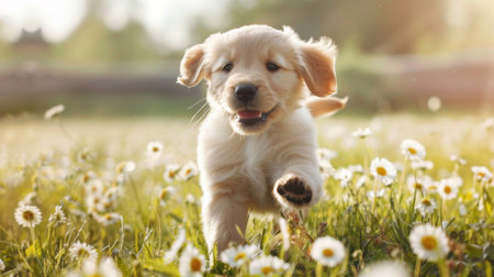 An adorable puppy running through a field of daisies, its ears flapping and a look of pure happiness on its faceの素材