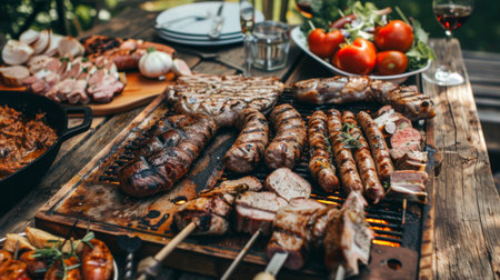 A barbecue feast spread on a table, featuring assorted grilled pork cuts, sausages, and kebabs, ready to be enjoyed with friends and family.の素材
