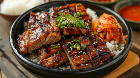 A barbecue platter piled high with grilled pork belly, served with a side of spicy kimchi and steamed rice, creating a delicious Korean-inspired meal.の素材