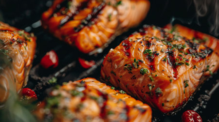 A close-up of succulent salmon fillets being grilled on a barbecue, with grill marks and a sprinkle of herbs, enticing the senses.の素材