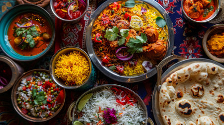 A colorful spread of Indian cuisine, featuring aromatic biryani rice, spicy chicken tikka masala, and fluffy naan bread, inviting a culinary journey.の素材