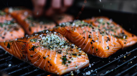 A close-up of a chef seasoning salmon fillets with a blend of herbs and spices before grilling them to perfection on a barbecue.の素材