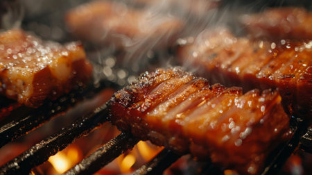 A close-up of juicy pork belly slices grilling on a hot barbecue grill, the fat rendering and the meat developing a mouthwatering char.の素材