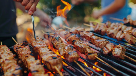 A barbecue party scene with friends gathered around a grill, flipping pork skewers and enjoying the camaraderie of outdoor cooking.の素材