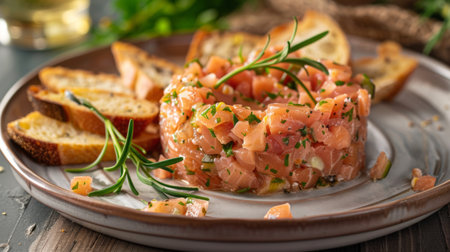 A gourmet platter of salmon tartare, finely chopped and seasoned with herbs, served with crispy crostini for scooping up the flavorful fish.の素材