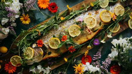 A festive holiday dinner featuring a whole roasted salmon garnished with lemon slices, fresh herbs, and colorful edible flowers.の素材