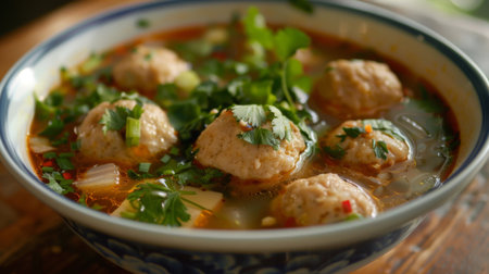 A comforting bowl of Gaeng Jued, Thai clear soup with pork meatballs, tofu, and vegetables, flavored with garlic and cilantro.の素材
